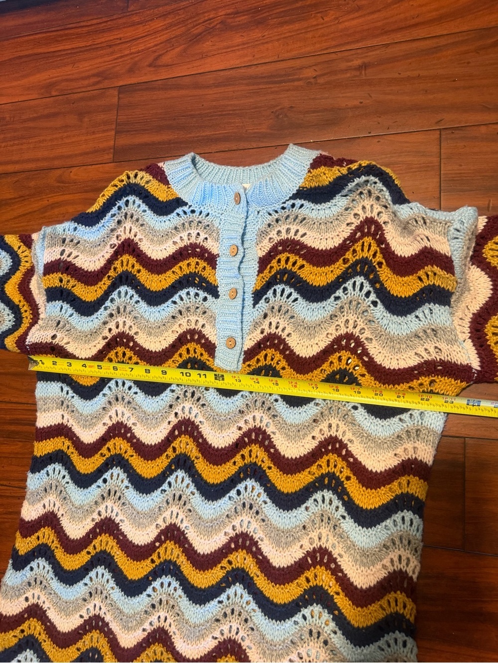 Callahan Multicolor Chevron Knit Sweater Dress in Light Blue, Burgundy, Mustard - Picture 5 of 8